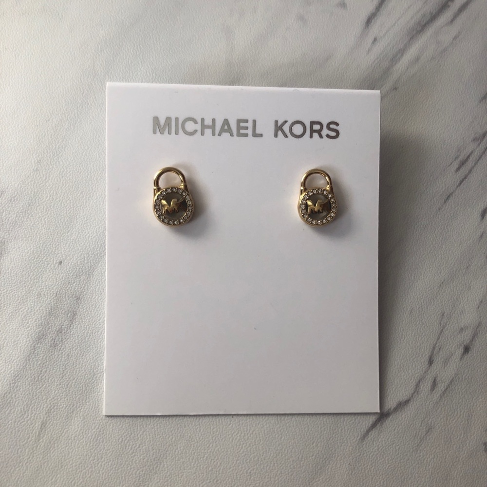 NWT Michael Kors Crystal Logo Lock Stud Earrings